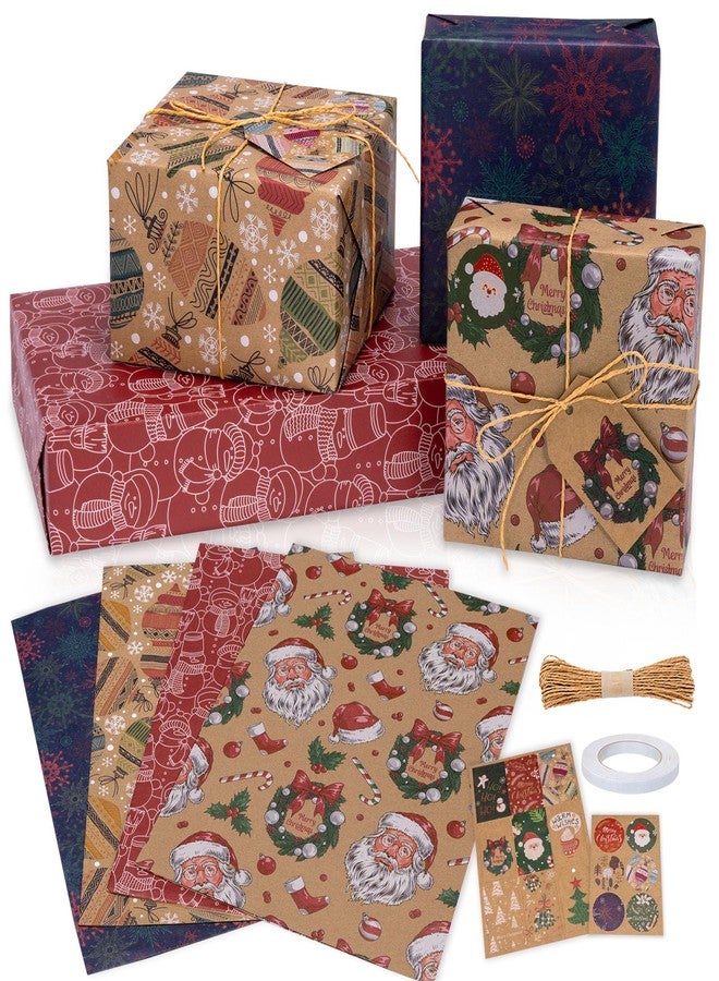 Toptime Christmas Wrapping Paper 8 Sheets, Folded Flat Kraft Gift Wrapping Paper with Stickers Tags Paper String, Vintage Brown Christmas Gift Wrap with Santa Claus Snowmans Snowflakes Xmas Ball - Image 1